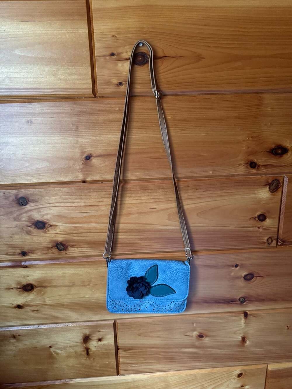 Custom Made in Italy Blue Leather Floral Crossbody Bag